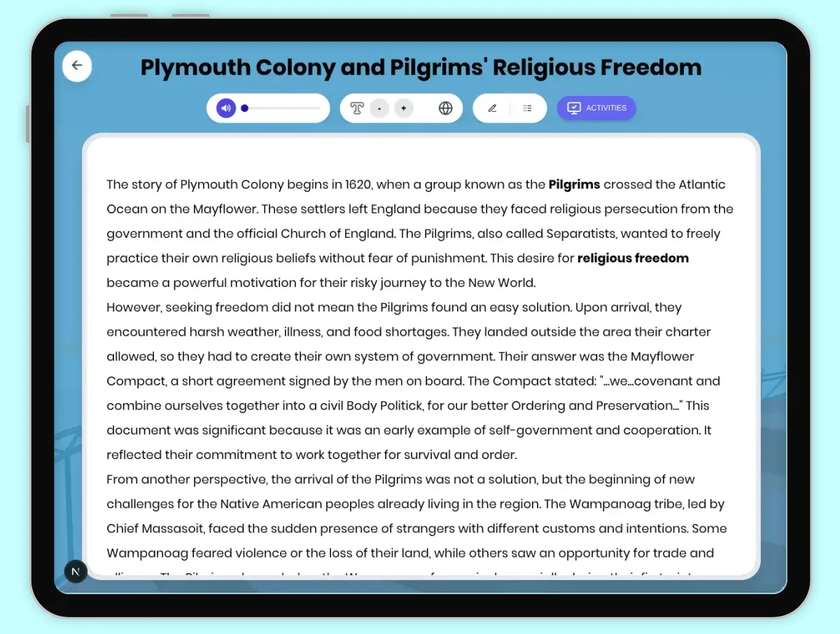Interactive — Reading Comprehension preview: Plymouth Colony and Pilgrims' Religious Freedom covering D2.HIS.2.3-5, D2.HIS.3.3-5, RI.4.3, RI.4.4, W.4.2 standards - Page 1 of 1