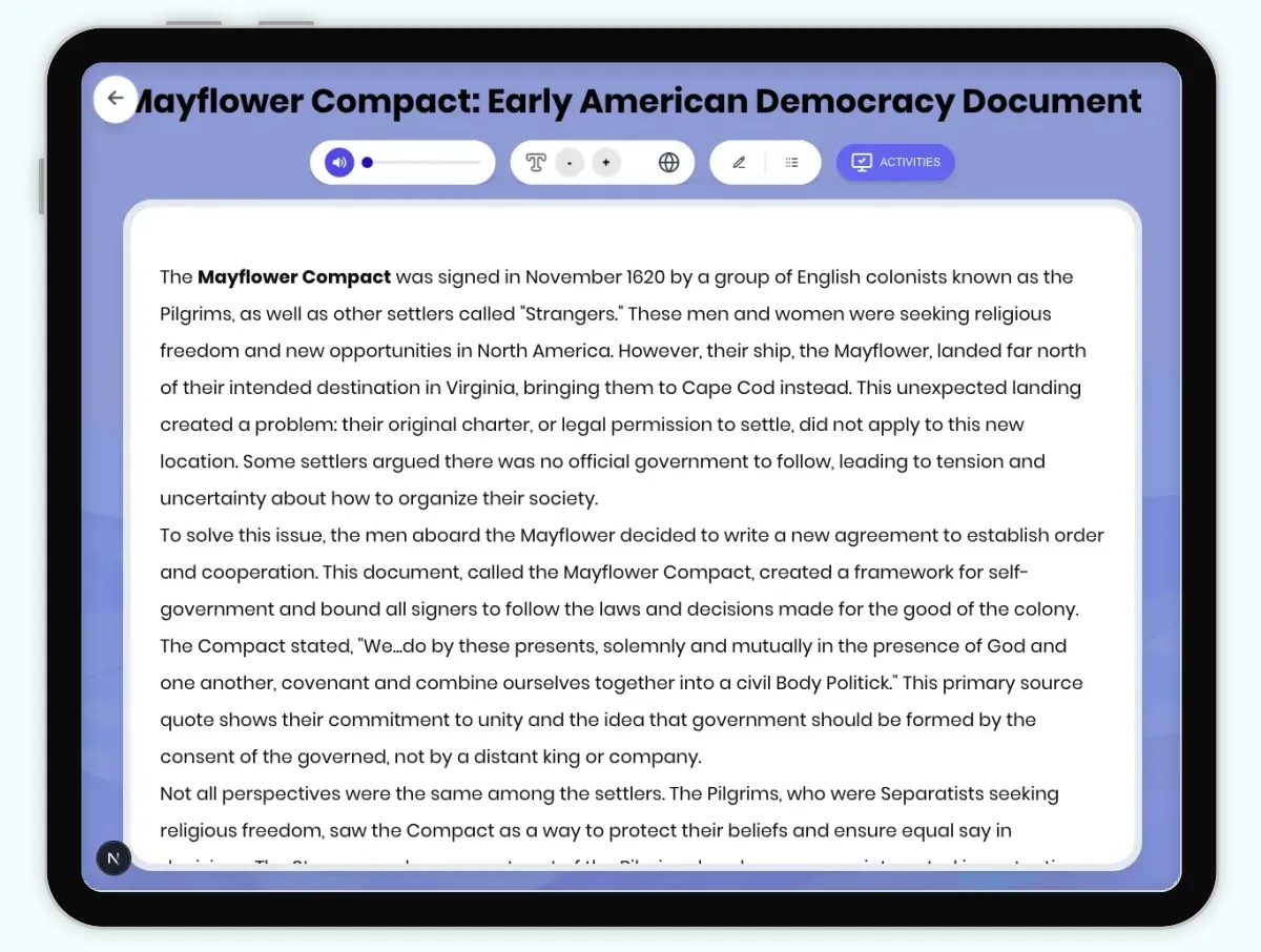 Interactive — Reading Comprehension preview: Mayflower Compact: Early American Democracy Document covering D2.HIS.2.3-5, D2.HIS.3.3-5, RI.4.3, RI.4.4, W.4.2 standards - Page 1 of 1