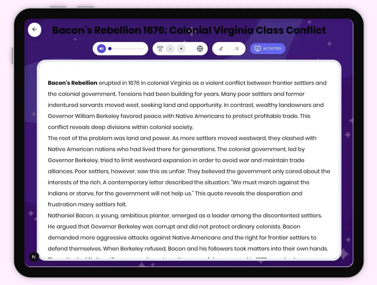 Interactive — Reading Comprehension preview: Bacon's Rebellion 1676: Colonial Virginia Class Conflict covering D2.HIS.2.3-5, D2.HIS.3.3-5, RI.4.3, RI.4.4, W.4.2 standards - Page 1 of 1