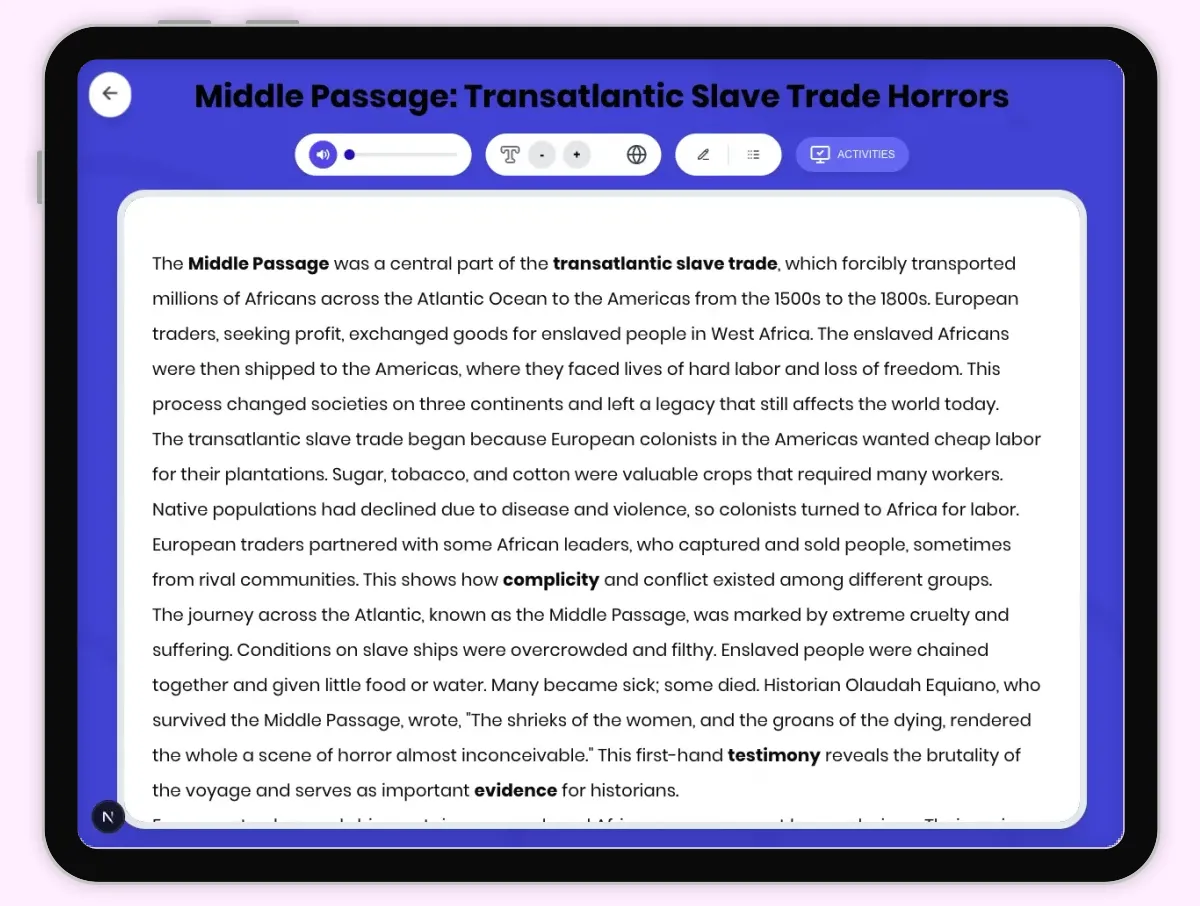 Interactive — Reading Comprehension preview: Middle Passage: Transatlantic Slave Trade Horrors covering D2.HIS.2.3-5, D2.HIS.3.3-5, RI.4.3, RI.4.4, W.4.2 standards - Page 1 of 1
