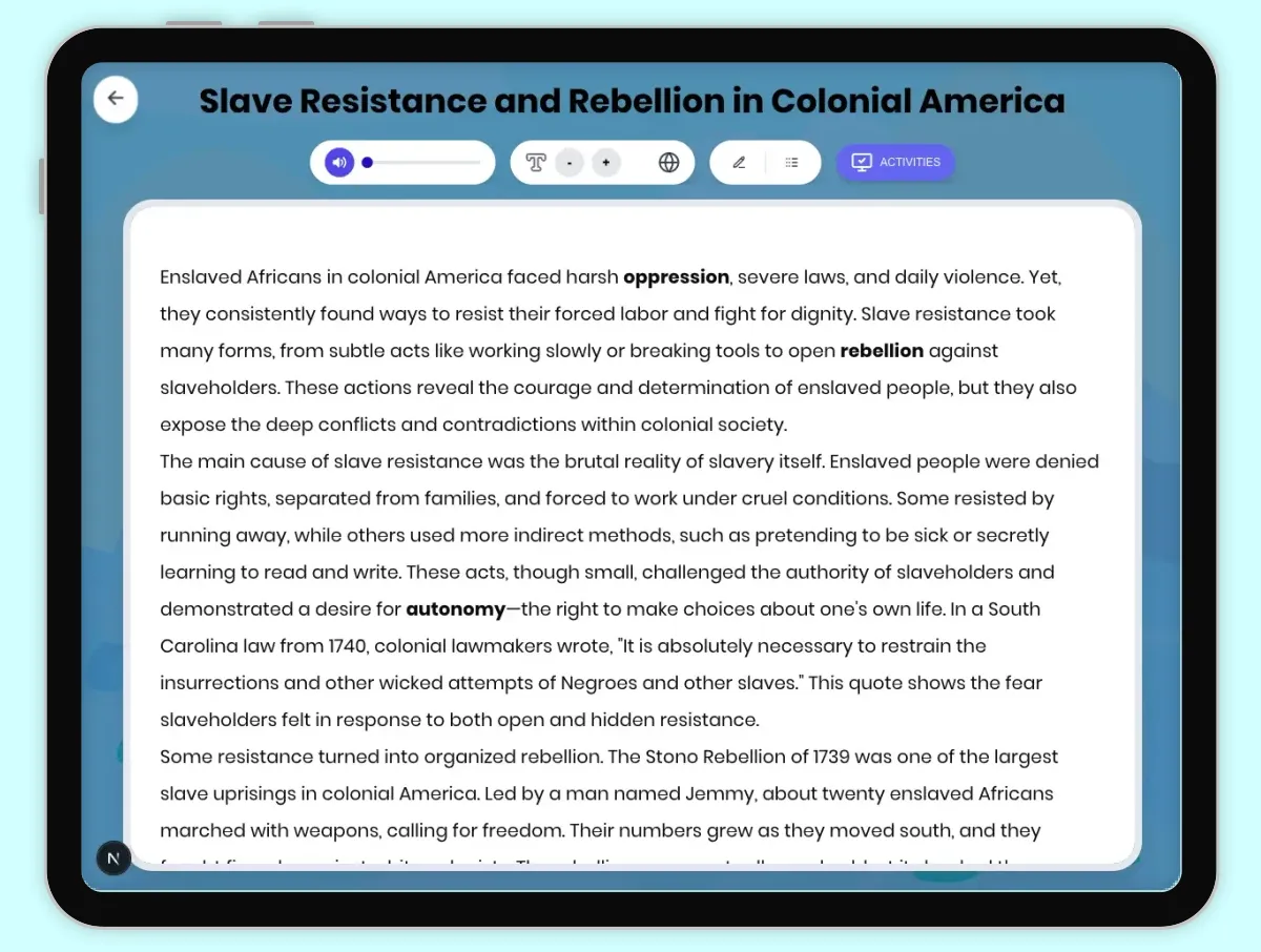 Interactive — Reading Comprehension preview: Slave Resistance and Rebellion in Colonial America covering D2.HIS.2.3-5, D2.HIS.3.3-5, RI.4.3, RI.4.4, W.4.2 standards - Page 1 of 1
