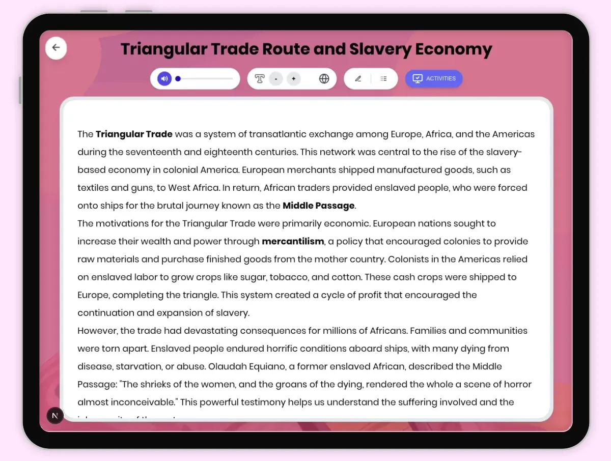 Interactive — Reading Comprehension preview: Triangular Trade Route and Slavery Economy covering D2.HIS.2.3-5, D2.HIS.3.3-5, RI.4.3, RI.4.4, W.4.2 standards - Page 1 of 1