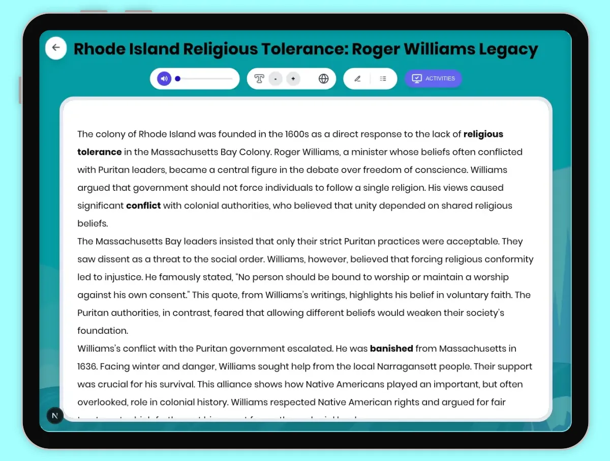 Interactive — Reading Comprehension preview: Rhode Island Religious Tolerance: Roger Williams Legacy covering D2.HIS.2.3-5, D2.HIS.3.3-5, RI.4.3, RI.4.4, W.4.2 standards - Page 1 of 1