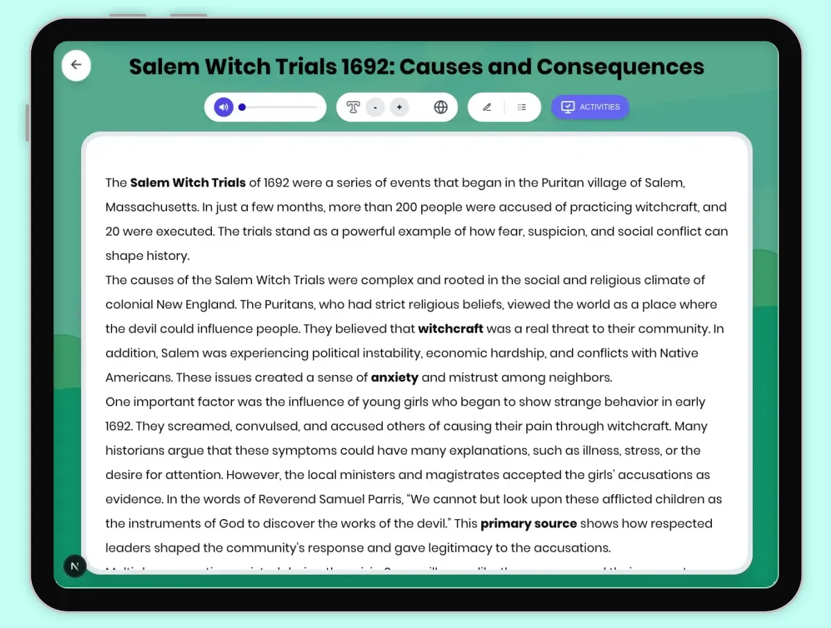 Interactive — Reading Comprehension preview: Salem Witch Trials 1692: Causes and Consequences covering D2.HIS.2.3-5, D2.HIS.3.3-5, RI.4.3, RI.4.4, W.4.2 standards - Page 1 of 1
