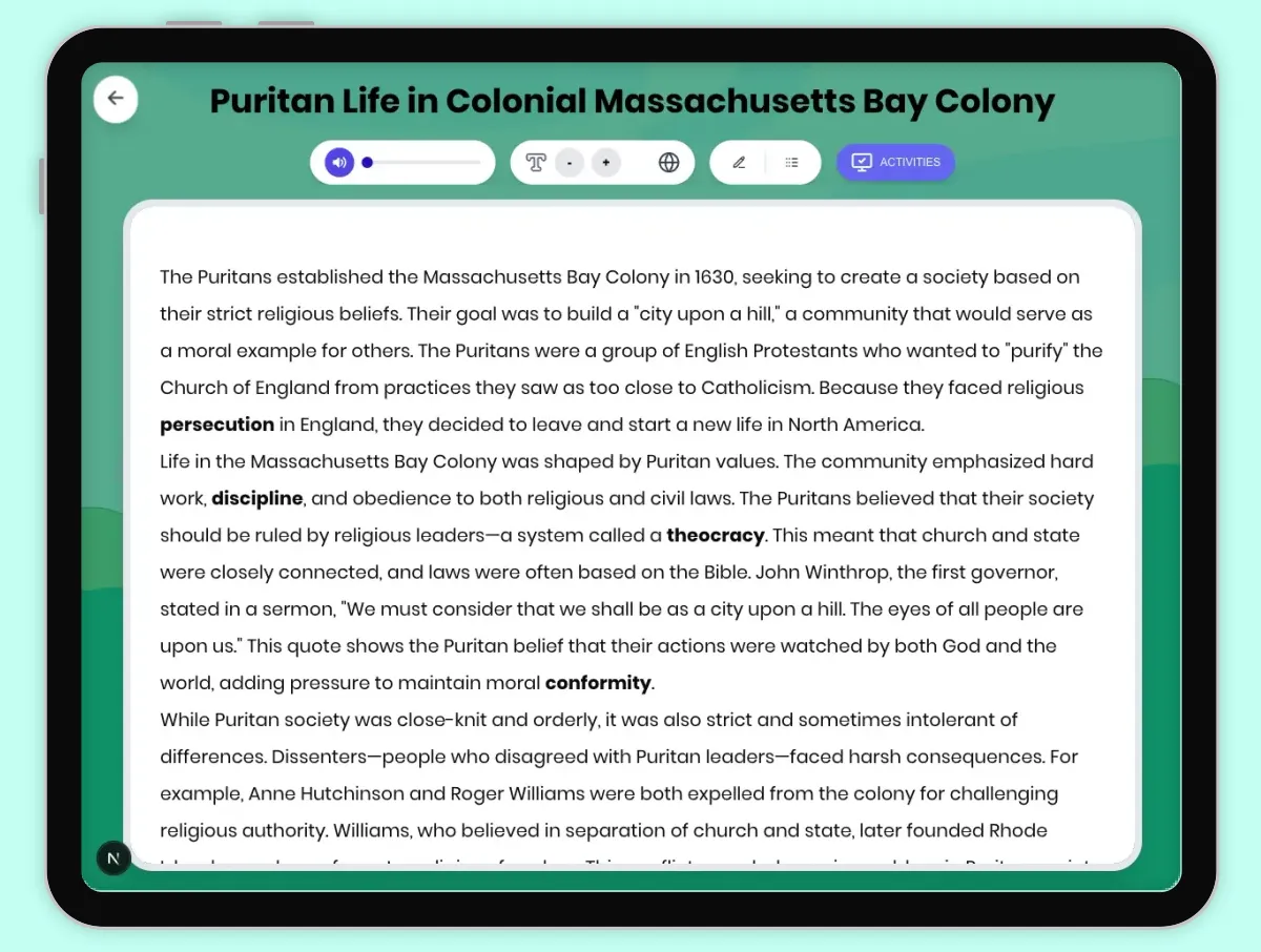 Interactive — Reading Comprehension preview: Puritan Life in Colonial Massachusetts Bay Colony covering D2.HIS.2.3-5, D2.HIS.3.3-5, RI.4.3, RI.4.4, W.4.2 standards - Page 1 of 1