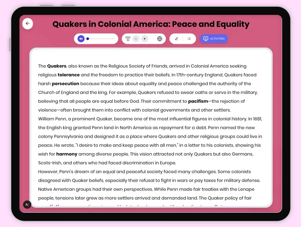 Interactive — Reading Comprehension preview: Quakers in Colonial America: Peace and Equality covering D2.HIS.2.3-5, D2.HIS.3.3-5, RI.4.3, RI.4.4, W.4.2 standards - Page 1 of 1