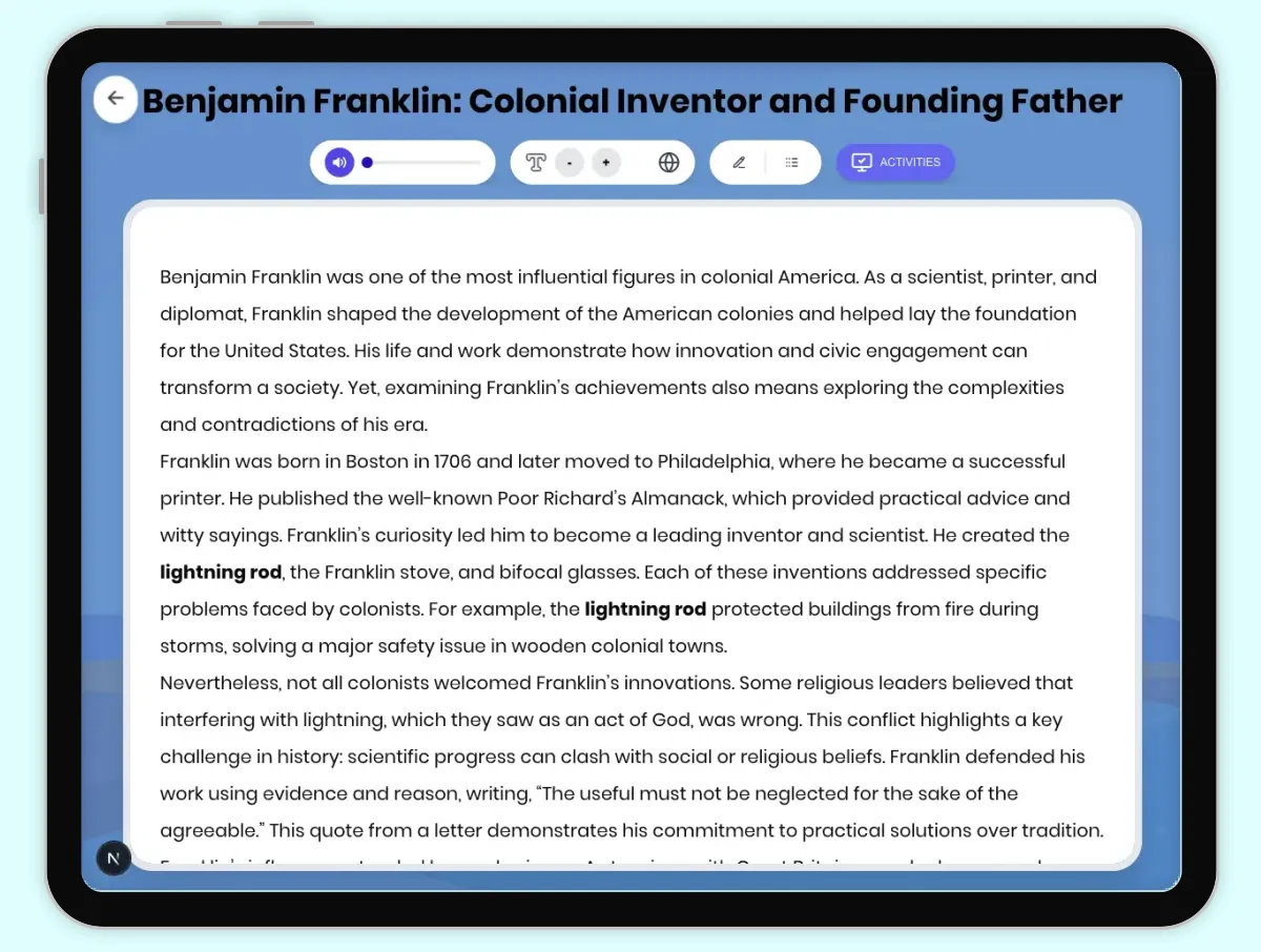 Interactive — Reading Comprehension preview: Benjamin Franklin: Colonial Inventor and Founding Father covering D2.HIS.2.3-5, D2.HIS.3.3-5, RI.4.3, RI.4.4, W.4.2 standards - Page 1 of 1