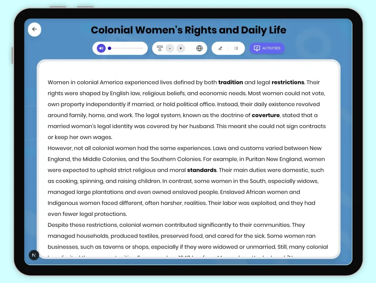 Interactive — Reading Comprehension preview: Colonial Women's Rights and Daily Life covering D2.HIS.2.3-5, D2.HIS.3.3-5, RI.4.3, RI.4.4, W.4.2 standards - Page 1 of 1