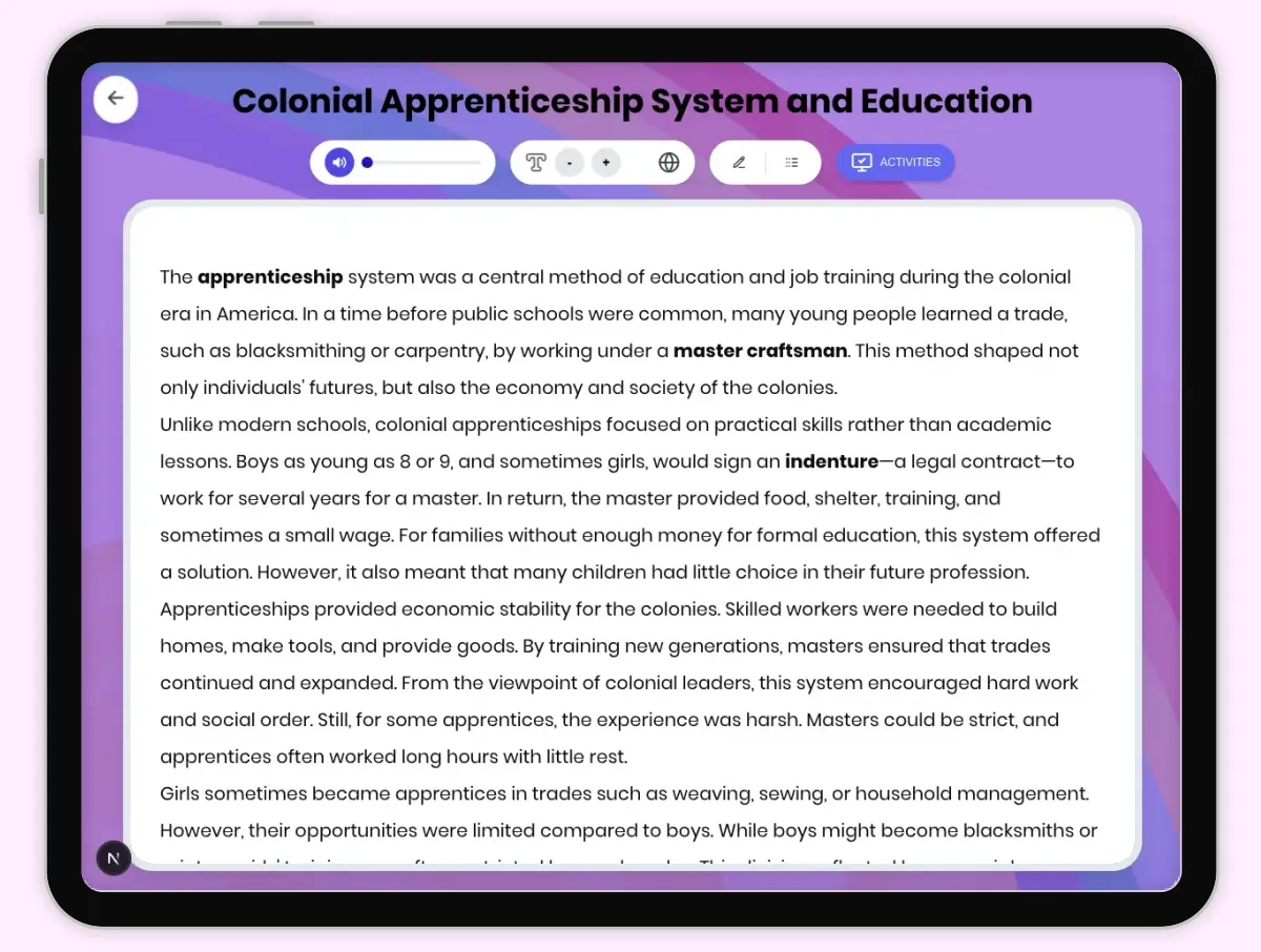 Interactive — Reading Comprehension preview: Colonial Apprenticeship System and Education covering D2.HIS.2.3-5, D2.HIS.3.3-5, RI.4.3, RI.4.4, W.4.2 standards - Page 1 of 1