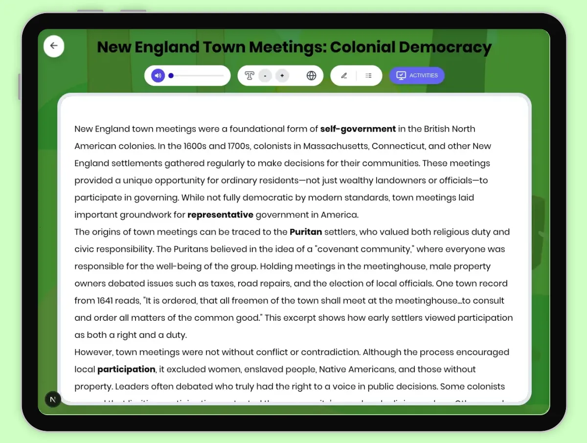 Interactive — Reading Comprehension preview: New England Town Meetings: Colonial Democracy covering D2.HIS.2.3-5, D2.HIS.3.3-5, RI.4.3, RI.4.4, W.4.2 standards - Page 1 of 1