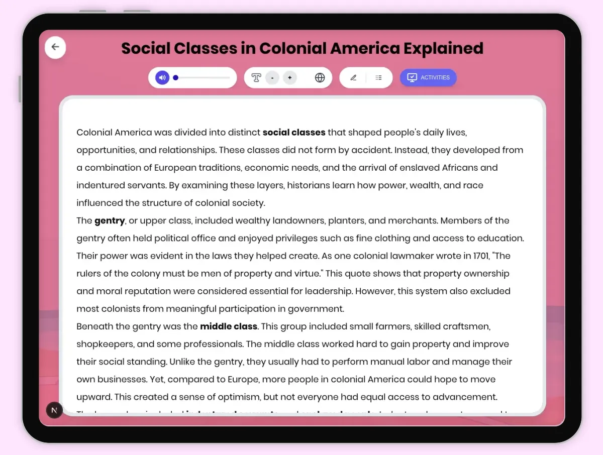 Interactive — Reading Comprehension preview: Social Classes in Colonial America Explained covering D2.HIS.2.3-5, D2.HIS.3.3-5, RI.4.3, RI.4.4, W.4.2 standards - Page 1 of 1