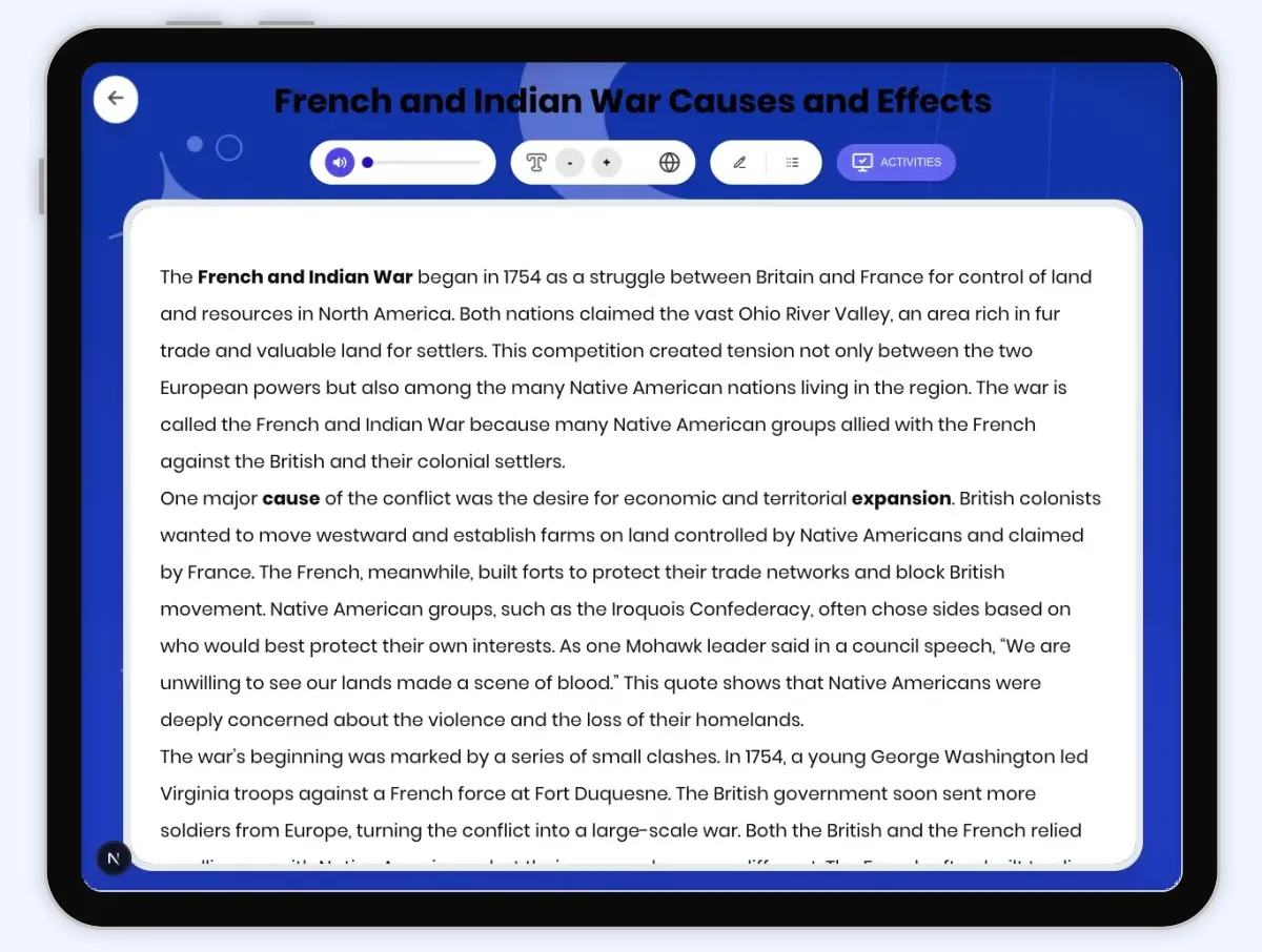 Interactive — Reading Comprehension preview: French and Indian War Causes and Effects covering D2.HIS.2.3-5, D2.HIS.3.3-5, RI.4.3, RI.4.4, W.4.2 standards - Page 1 of 1