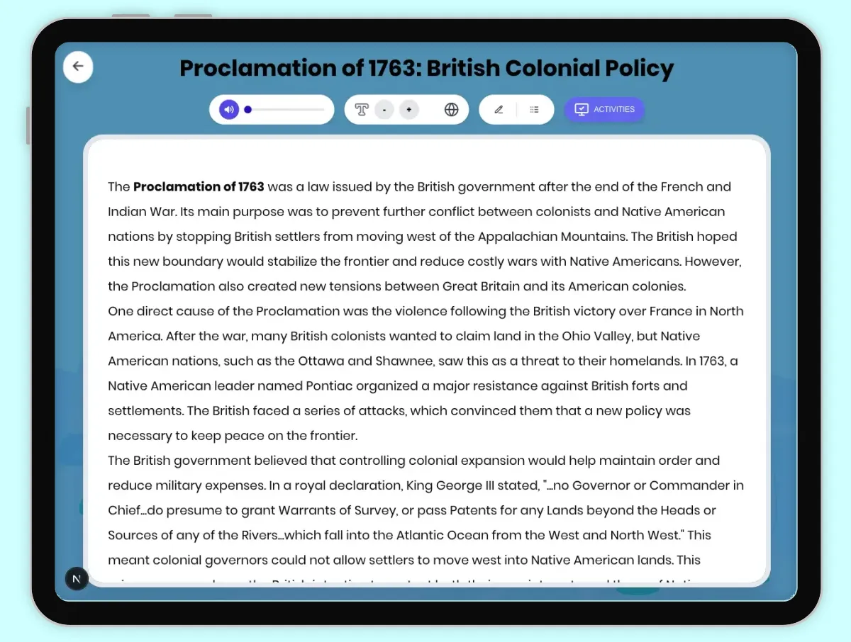 Interactive — Reading Comprehension preview: Proclamation of 1763: British Colonial Policy covering D2.HIS.2.3-5, D2.HIS.3.3-5, RI.4.3, RI.4.4, W.4.2 standards - Page 1 of 1