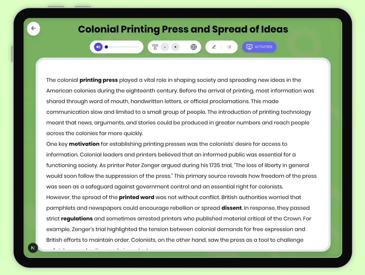 Interactive — Reading Comprehension preview: Colonial Printing Press and Spread of Ideas covering D2.HIS.2.3-5, D2.HIS.3.3-5, RI.4.3, RI.4.4, W.4.2 standards - Page 1 of 1