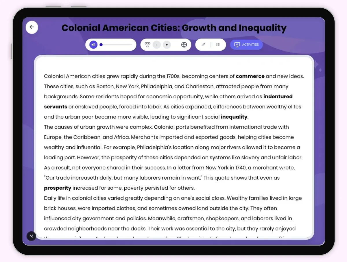 Interactive — Reading Comprehension preview: Colonial American Cities: Growth and Inequality covering D2.HIS.2.3-5, D2.HIS.3.3-5, RI.4.3, RI.4.4, W.4.2 standards - Page 1 of 1