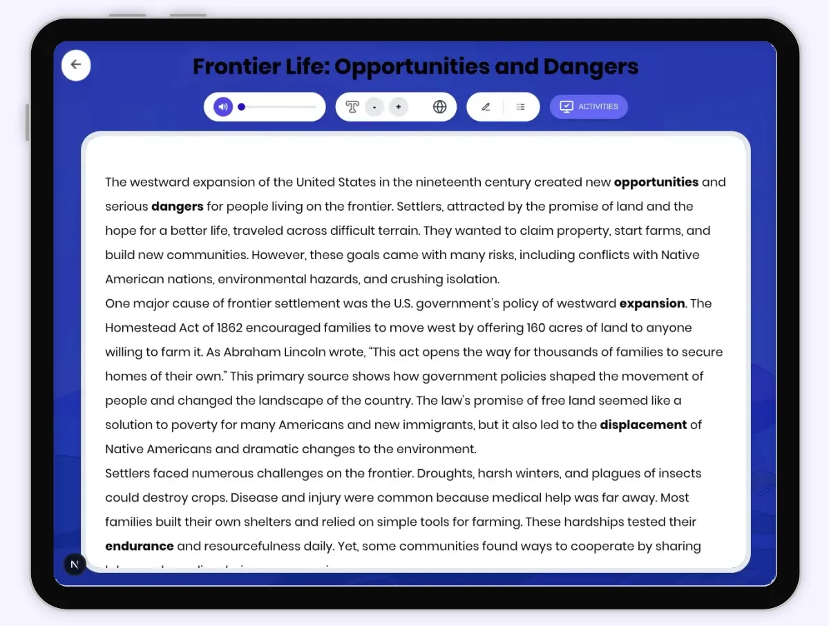Interactive — Reading Comprehension preview: Frontier Life: Opportunities and Dangers covering D2.HIS.2.3-5, D2.HIS.3.3-5, RI.4.3, RI.4.4, W.4.2 standards - Page 1 of 1
