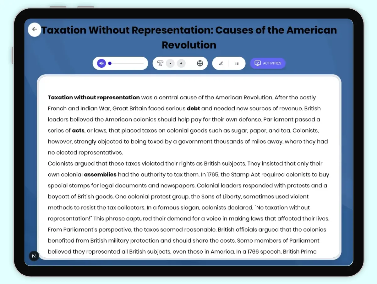 Interactive — Reading Comprehension preview: Taxation Without Representation: American Revolution Causes covering D2.HIS.2.3-5, D2.HIS.3.3-5, RI.4.3, RI.4.4, W.4.2 standards - Page 1 of 1