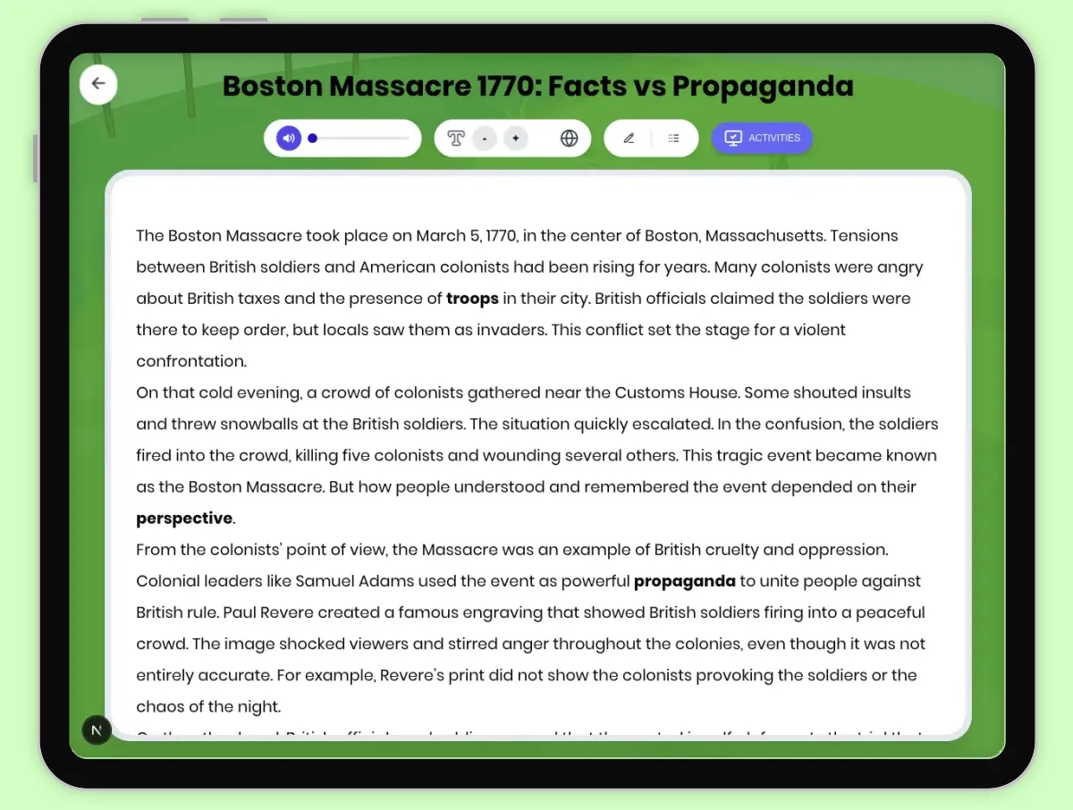 Interactive — Reading Comprehension preview: Boston Massacre 1770: Facts vs Propaganda covering D2.HIS.2.3-5, D2.HIS.3.3-5, RI.4.3, RI.4.4, W.4.2 standards - Page 1 of 1