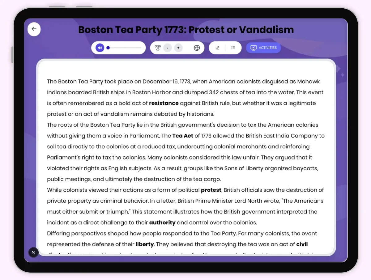 Interactive — Reading Comprehension preview: Boston Tea Party 1773: Protest or Vandalism covering D2.HIS.2.3-5, D2.HIS.3.3-5, RI.4.3, RI.4.4, W.4.2 standards - Page 1 of 1