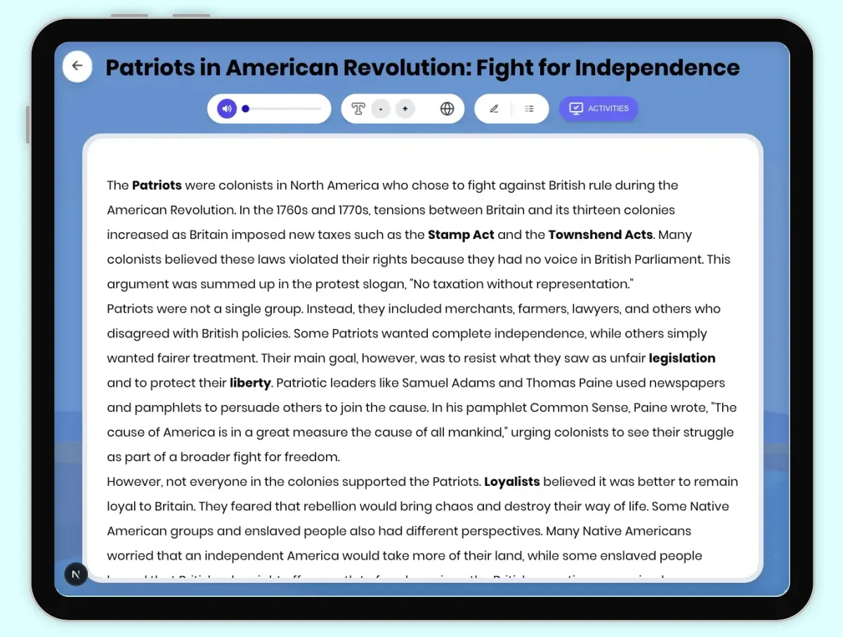 Interactive — Reading Comprehension preview: Patriots in American Revolution: Fight for Independence covering D2.HIS.2.3-5, D2.HIS.3.3-5, RI.4.3, RI.4.4, W.4.2 standards - Page 1 of 1