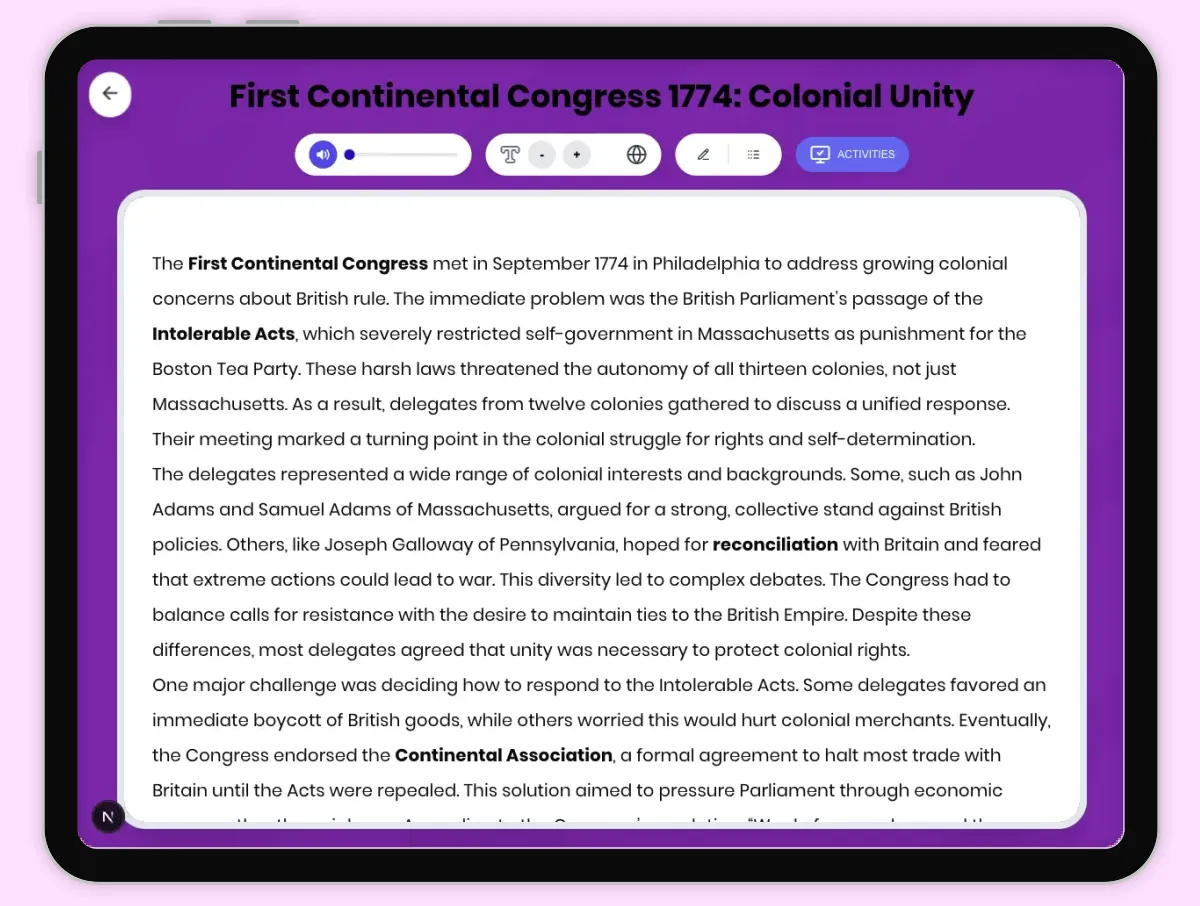Interactive — Reading Comprehension preview: First Continental Congress 1774: Colonial Unity covering D2.HIS.2.3-5, D2.HIS.3.3-5, RI.4.3, RI.4.4, W.4.2 standards - Page 1 of 1