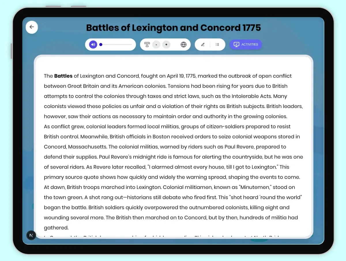 Interactive — Reading Comprehension preview: Battles of Lexington and Concord 1775 covering D2.HIS.2.3-5, D2.HIS.3.3-5, RI.4.3, RI.4.4, W.4.2 standards - Page 1 of 1