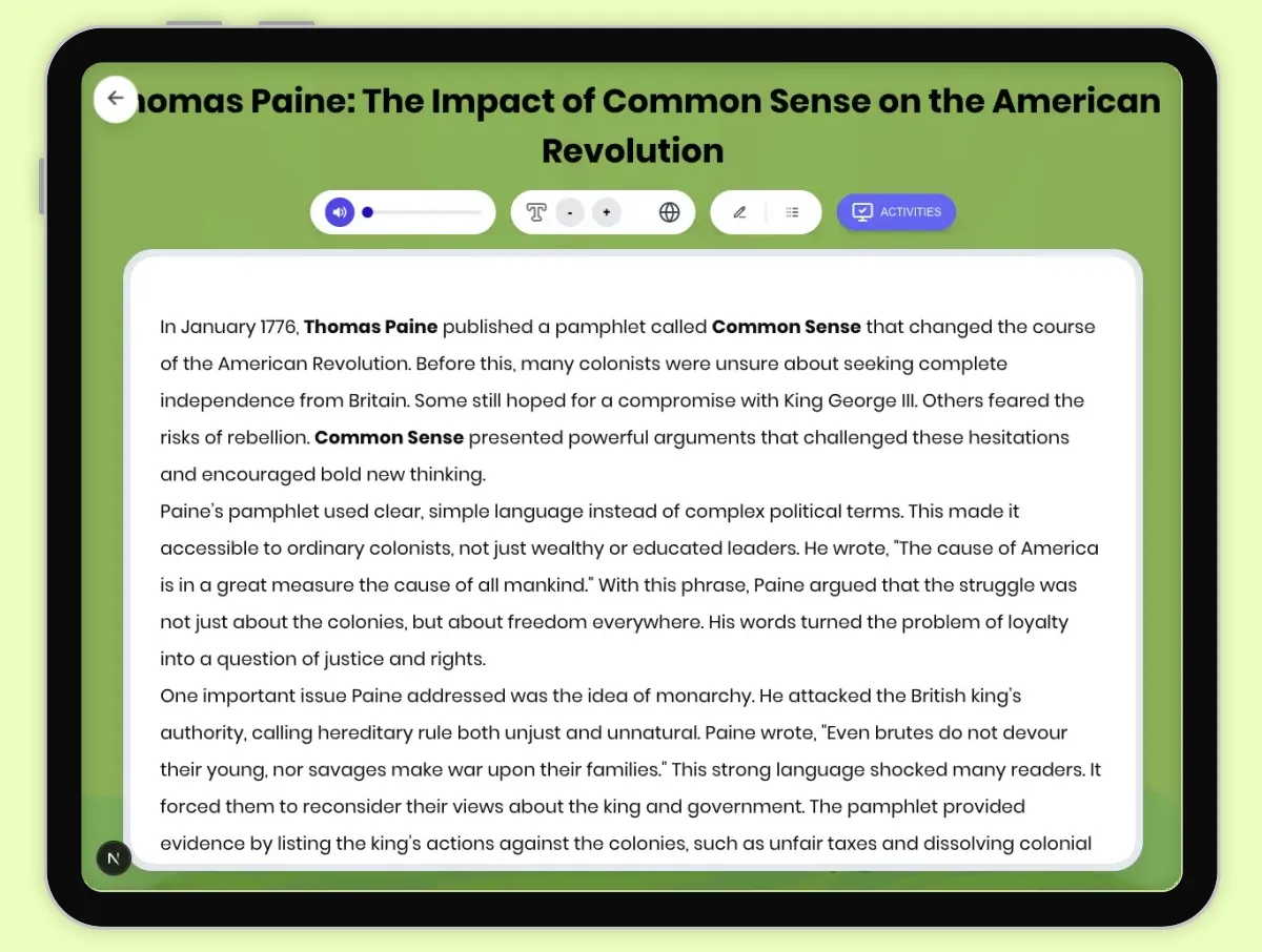 Interactive — Reading Comprehension preview: Thomas Paine Common Sense Impact on Revolution covering D2.HIS.2.3-5, D2.HIS.3.3-5, RI.4.3, RI.4.4, W.4.2 standards - Page 1 of 1