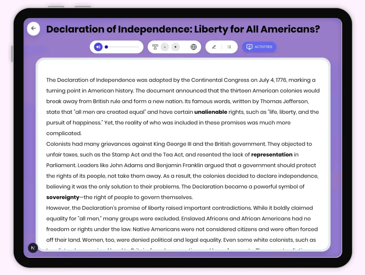 Interactive — Reading Comprehension preview: Declaration of Independence: Liberty for All Americans? covering D2.HIS.2.3-5, D2.HIS.3.3-5, RI.4.3, RI.4.4, W.4.2 standards - Page 1 of 1