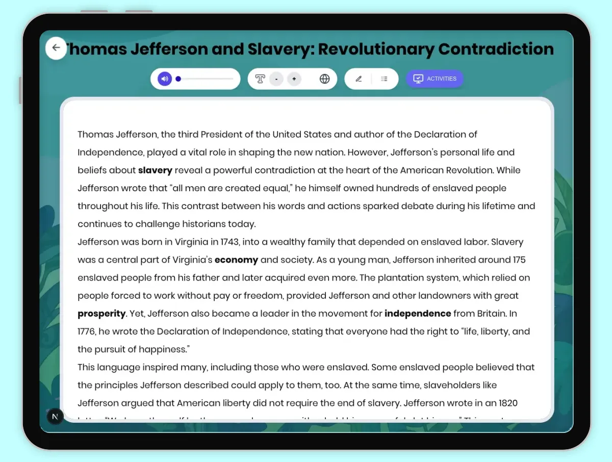 Interactive — Reading Comprehension preview: Thomas Jefferson and Slavery: Revolutionary Contradiction covering D2.HIS.2.3-5, D2.HIS.3.3-5, RI.4.3, RI.4.4, W.4.2 standards - Page 1 of 1