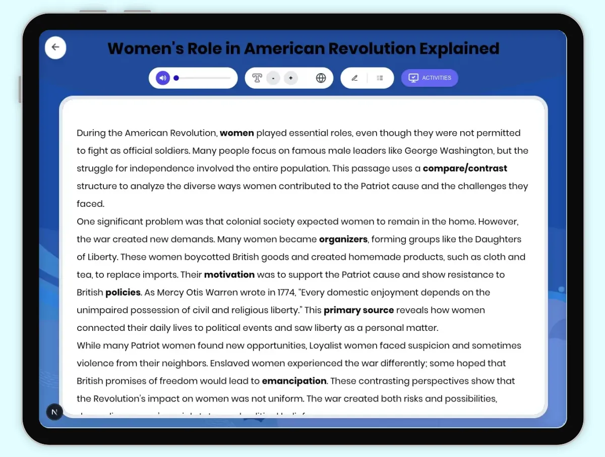 Interactive — Reading Comprehension preview: Women's Role in American Revolution Explained covering D2.HIS.2.3-5, D2.HIS.3.3-5, RI.4.3, RI.4.4, W.4.2 standards - Page 1 of 1