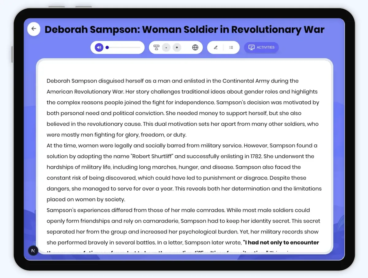 Interactive — Reading Comprehension preview: Deborah Sampson: Woman Soldier in Revolutionary War covering D2.HIS.2.3-5, D2.HIS.3.3-5, RI.4.3, RI.4.4, W.4.2 standards - Page 1 of 1