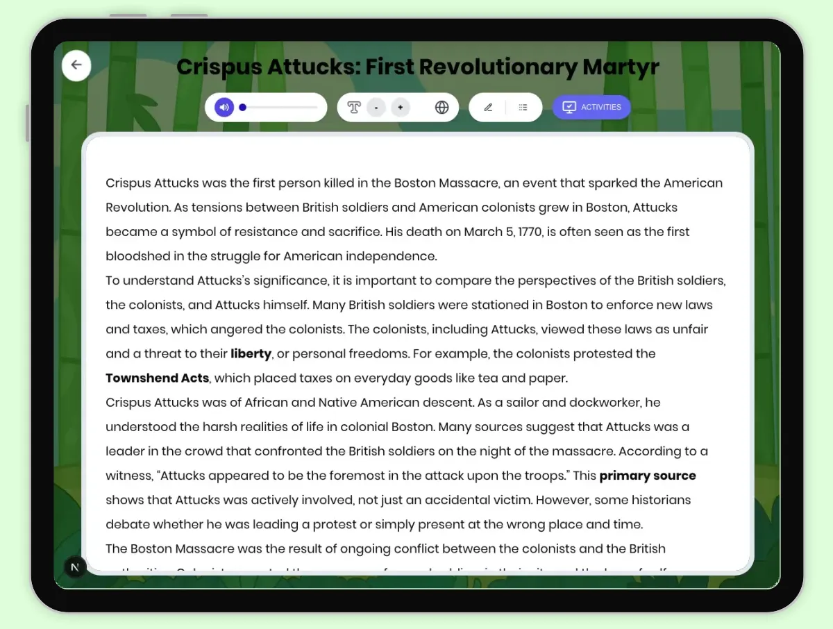 Interactive — Reading Comprehension preview: Crispus Attucks: First Revolutionary Martyr covering D2.HIS.2.3-5, D2.HIS.3.3-5, RI.4.3, RI.4.4, W.4.2 standards - Page 1 of 1