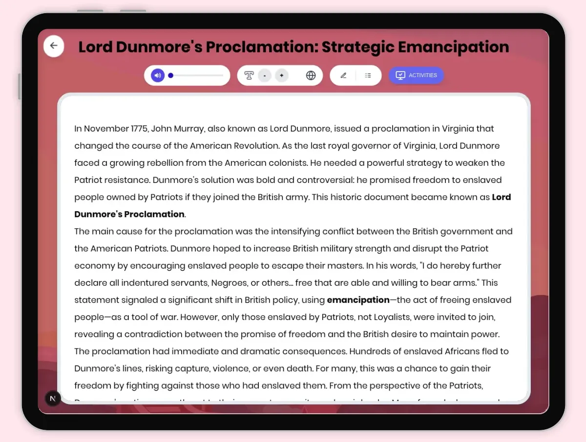 Interactive — Reading Comprehension preview: Lord Dunmore's Proclamation: Strategic Emancipation covering D2.HIS.2.3-5, D2.HIS.3.3-5, RI.4.3, RI.4.4, W.4.2 standards - Page 1 of 1