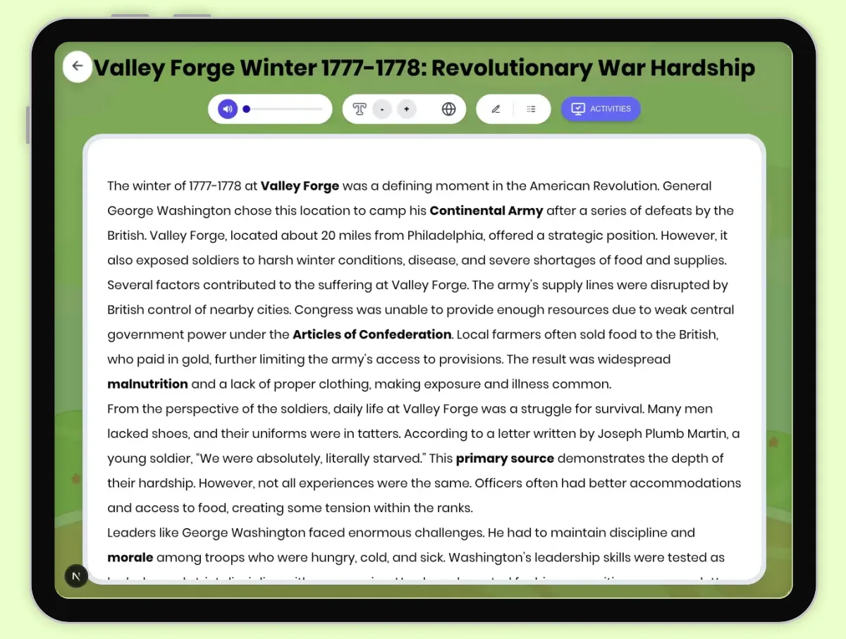 Interactive — Reading Comprehension preview: Valley Forge Winter 1777-1778: Revolutionary War Hardship covering D2.HIS.2.3-5, D2.HIS.3.3-5, RI.4.3, RI.4.4, W.4.2 standards - Page 1 of 1