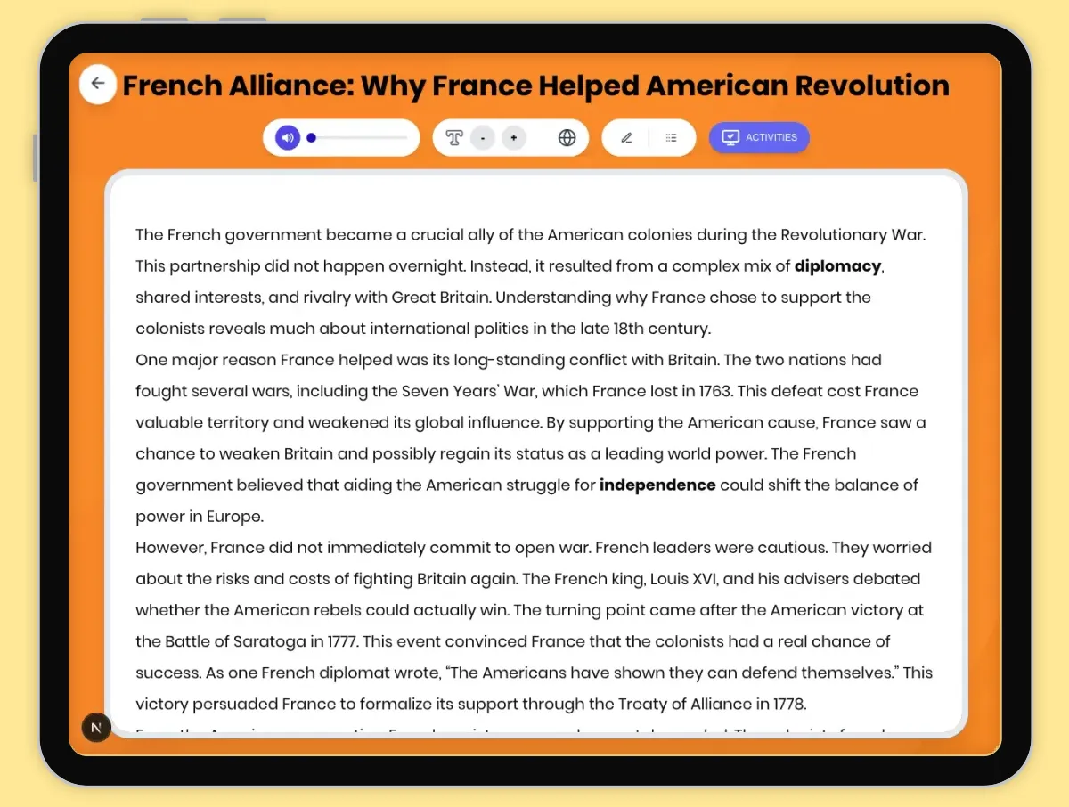 Interactive — Reading Comprehension preview: French Alliance: Why France Helped American Revolution covering D2.HIS.2.3-5, D2.HIS.3.3-5, RI.4.3, RI.4.4, W.4.2 standards - Page 1 of 1
