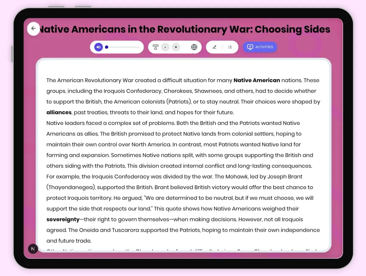 Interactive — Reading Comprehension preview: Native Americans in Revolutionary War: Choosing Sides covering D2.HIS.2.3-5, D2.HIS.3.3-5, RI.4.3, RI.4.4, W.4.2 standards - Page 1 of 1