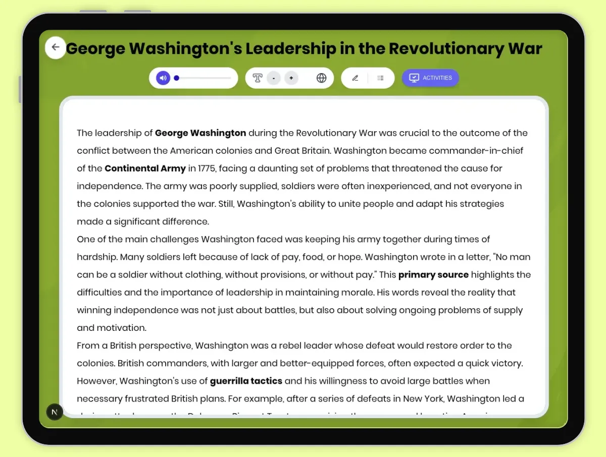 Interactive — Reading Comprehension preview: George Washington Leadership in Revolutionary War covering D2.HIS.2.3-5, D2.HIS.3.3-5, RI.4.3, RI.4.4, W.4.2 standards - Page 1 of 1
