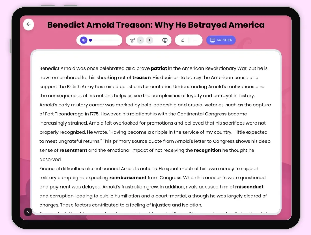 Interactive — Reading Comprehension preview: Benedict Arnold Treason: Why He Betrayed America covering D2.HIS.2.3-5, D2.HIS.3.3-5, RI.4.3, RI.4.4, W.4.2 standards - Page 1 of 1