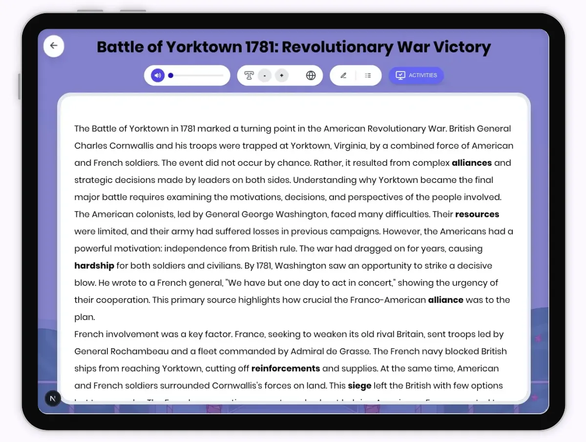 Interactive — Reading Comprehension preview: Battle of Yorktown 1781: Revolutionary War Victory covering D2.HIS.2.3-5, D2.HIS.3.3-5, RI.4.3, RI.4.4, W.4.2 standards - Page 1 of 1