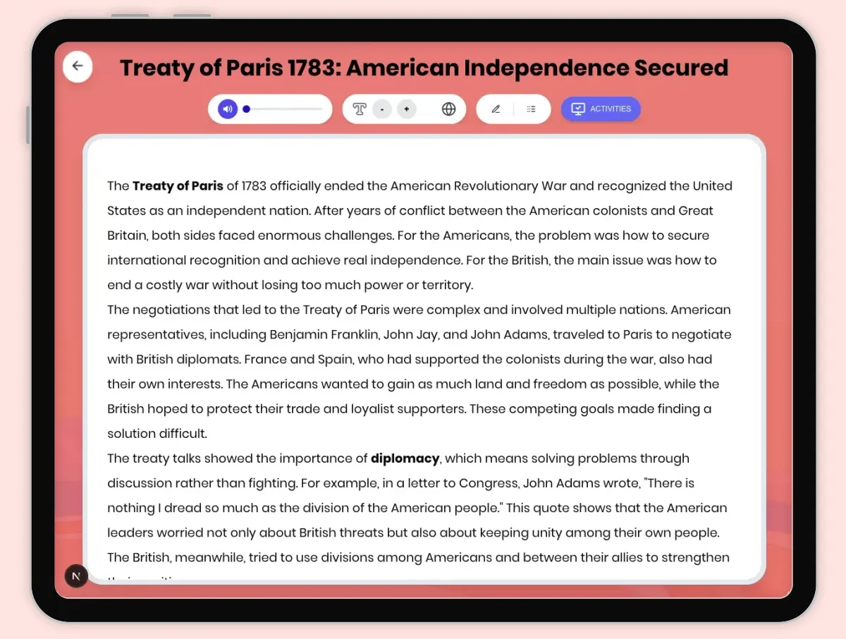 Interactive — Reading Comprehension preview: Treaty of Paris 1783: American Independence Secured covering D2.HIS.2.3-5, D2.HIS.3.3-5, RI.4.3, RI.4.4, W.4.2 standards - Page 1 of 1