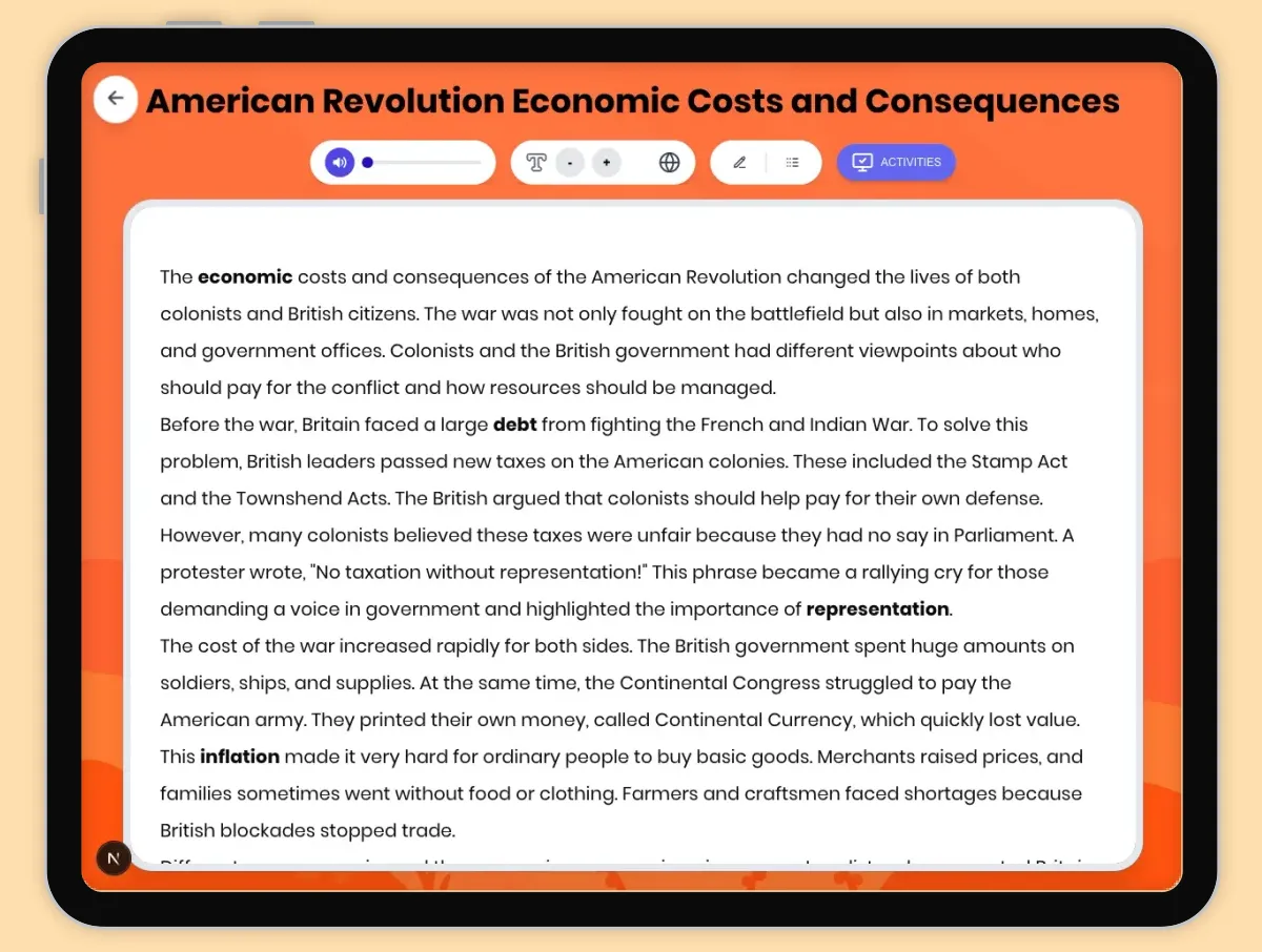 Interactive — Reading Comprehension preview: American Revolution Economic Costs and Consequences covering D2.HIS.2.3-5, D2.HIS.3.3-5, RI.4.3, RI.4.4, W.4.2 standards - Page 1 of 1