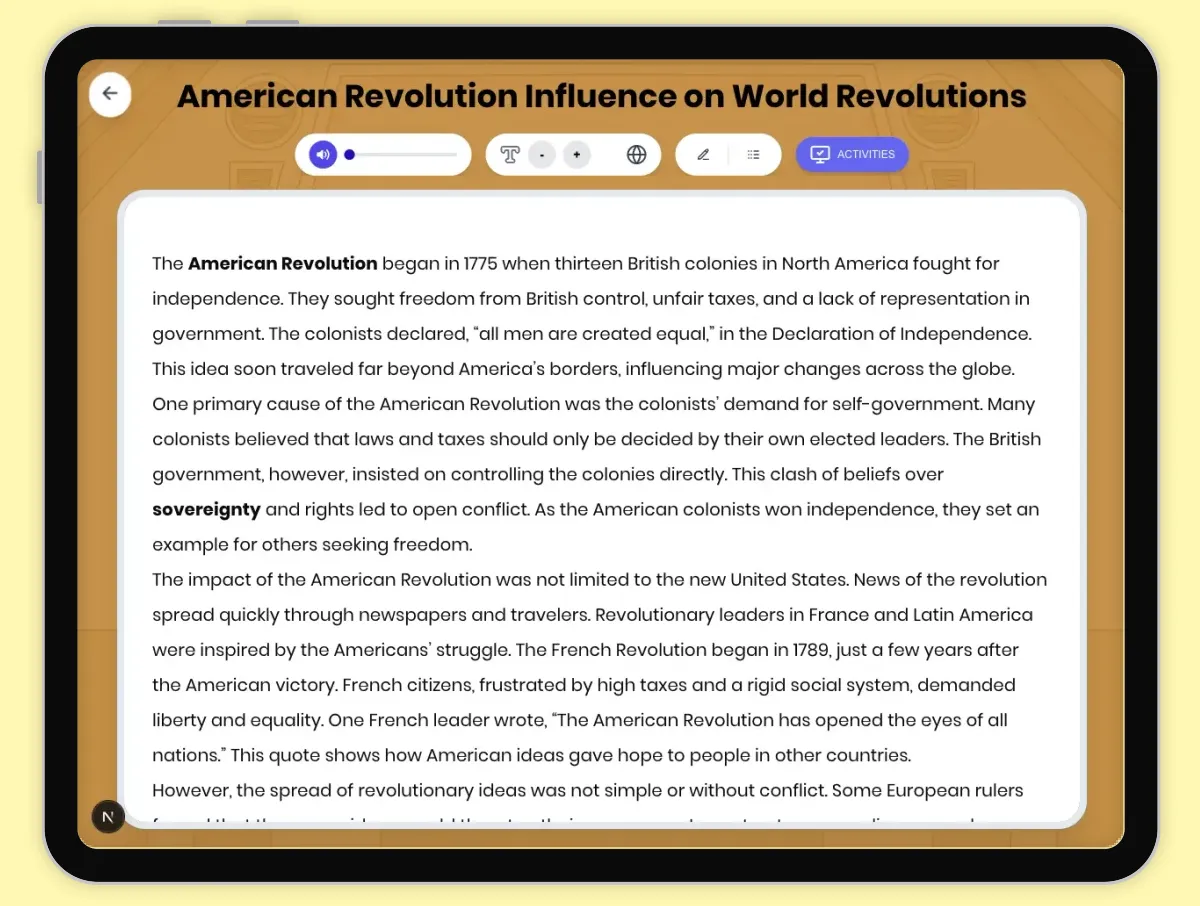 Interactive — Reading Comprehension preview: American Revolution Influence on World Revolutions covering D2.HIS.2.3-5, D2.HIS.3.3-5, RI.4.3, RI.4.4, W.4.2 standards - Page 1 of 1