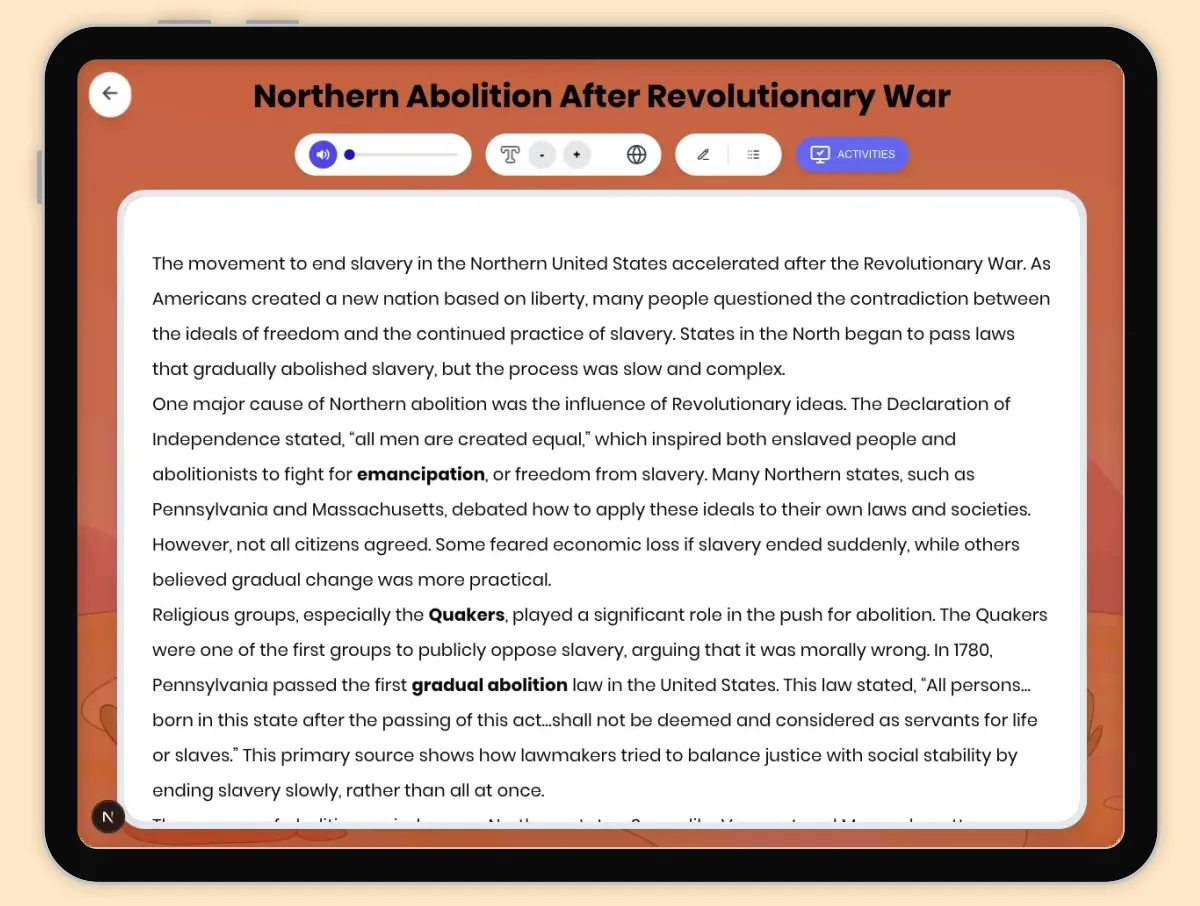 Interactive — Reading Comprehension preview: Northern Abolition After Revolutionary War covering D2.HIS.2.3-5, D2.HIS.3.3-5, RI.4.3, RI.4.4, W.4.2 standards - Page 1 of 1