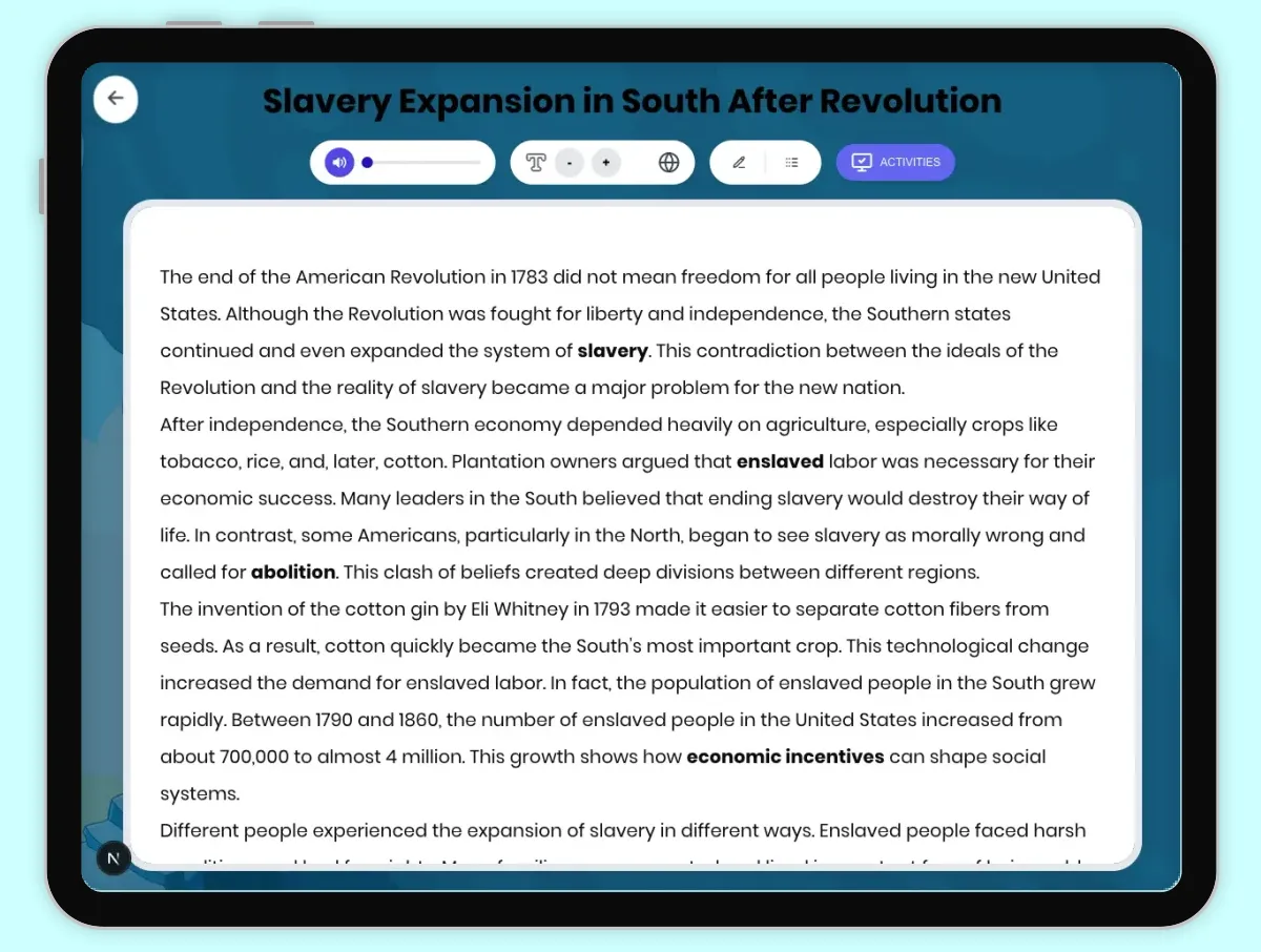 Interactive — Reading Comprehension preview: Slavery Expansion in South After Revolution covering D2.HIS.2.3-5, D2.HIS.3.3-5, RI.4.3, RI.4.4, W.4.2 standards - Page 1 of 1
