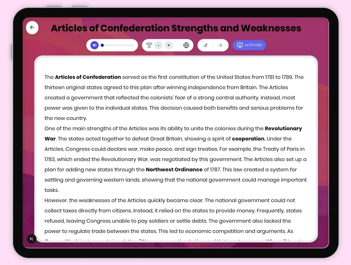 Interactive — Reading Comprehension preview: Articles of Confederation Strengths and Weaknesses covering D2.HIS.2.3-5, D2.HIS.3.3-5, RI.4.3, RI.4.4, W.4.2 standards - Page 1 of 1