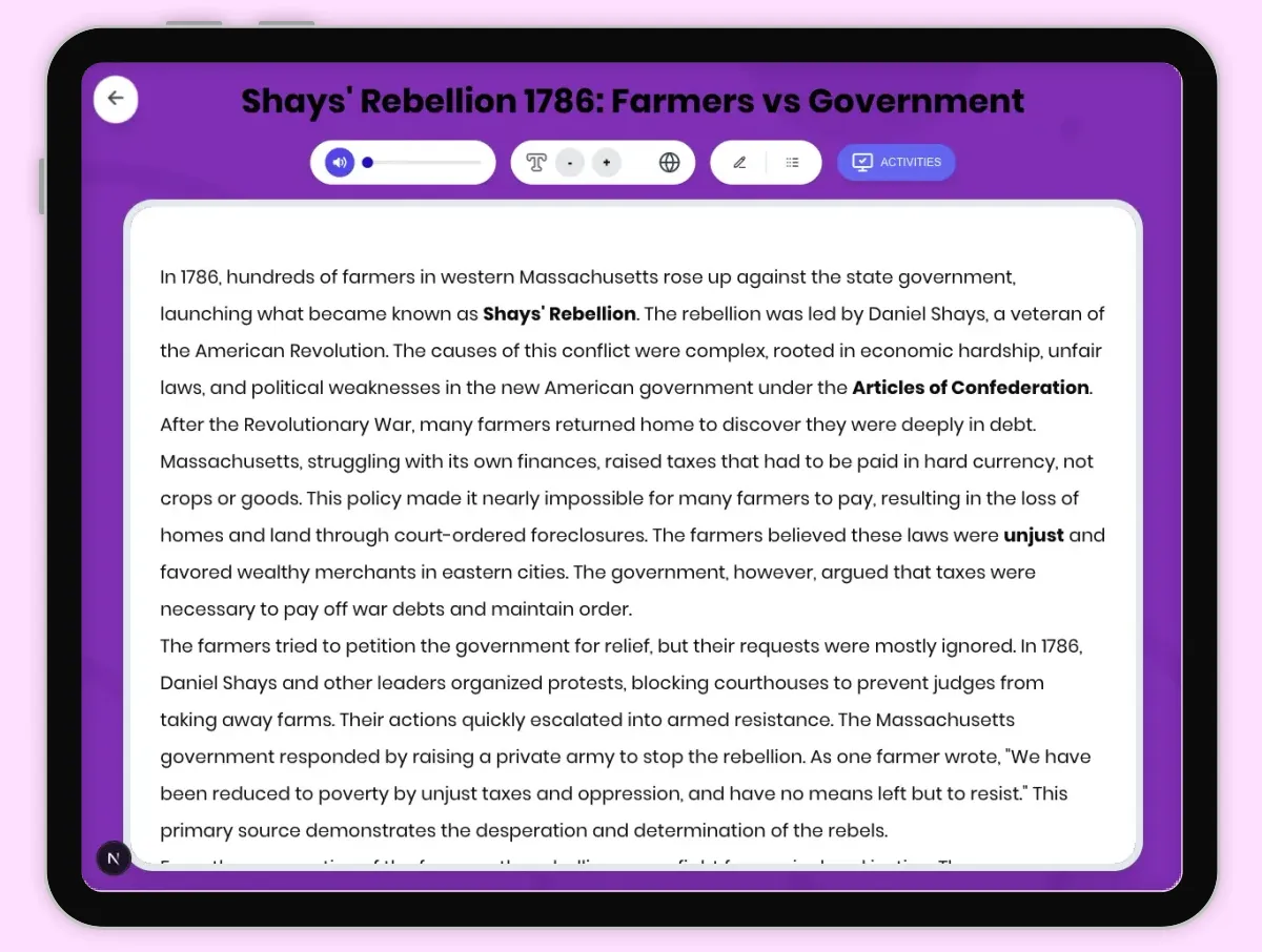 Interactive — Reading Comprehension preview: Shays' Rebellion 1786: Farmers vs Government covering D2.HIS.2.3-5, D2.HIS.3.3-5, RI.4.3, RI.4.4, W.4.2 standards - Page 1 of 1
