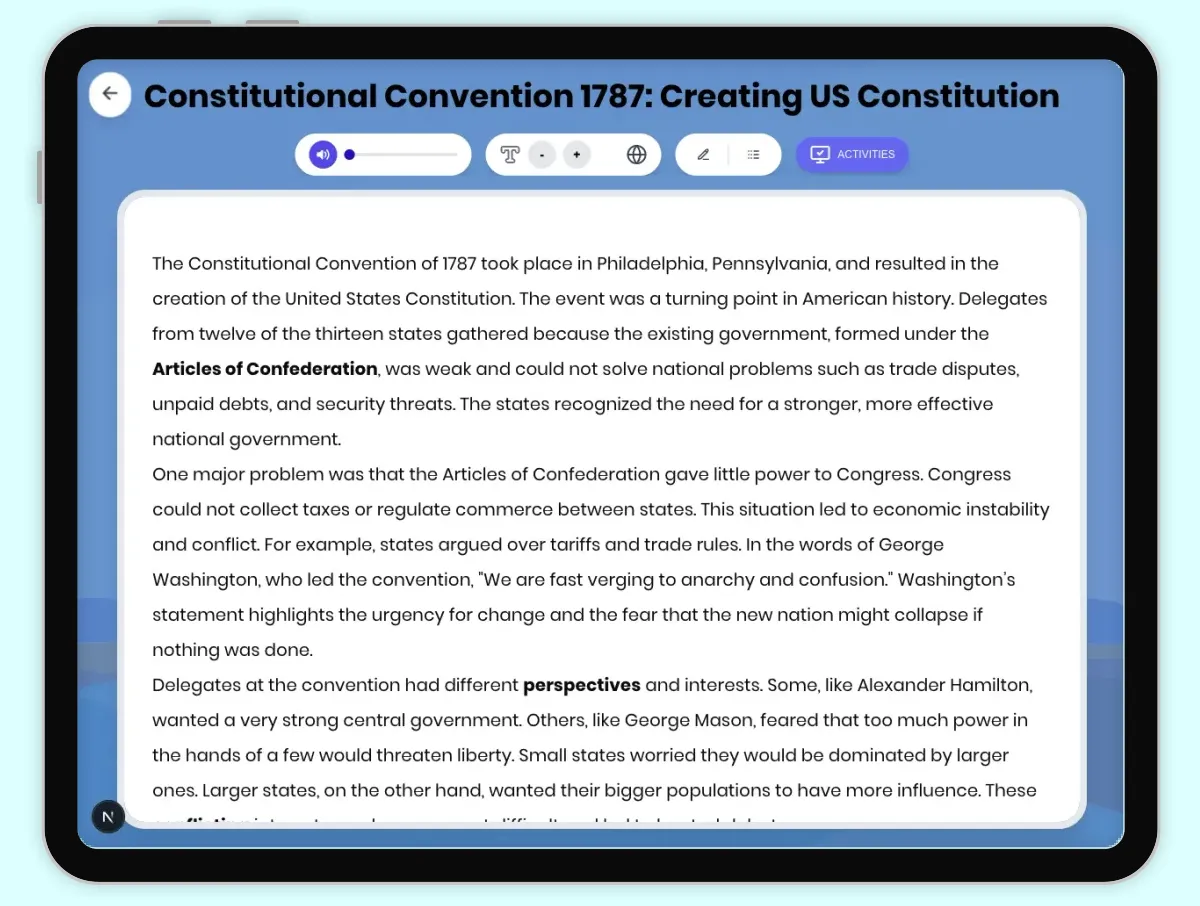 Interactive — Reading Comprehension preview: Constitutional Convention 1787: Creating US Constitution covering D2.HIS.2.3-5, D2.HIS.3.3-5, RI.4.3, RI.4.4, W.4.2 standards - Page 1 of 1