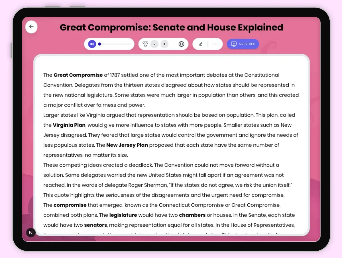 Interactive — Reading Comprehension preview: Great Compromise: Senate and House Explained covering D2.HIS.2.3-5, D2.HIS.3.3-5, RI.4.3, RI.4.4, W.4.2 standards - Page 1 of 1
