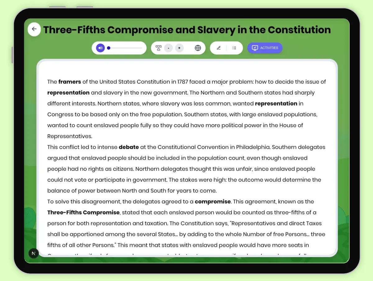 Interactive — Reading Comprehension preview: Three-Fifths Compromise and Slavery in Constitution covering D2.HIS.2.3-5, D2.HIS.3.3-5, RI.4.3, RI.4.4, W.4.2 standards - Page 1 of 1