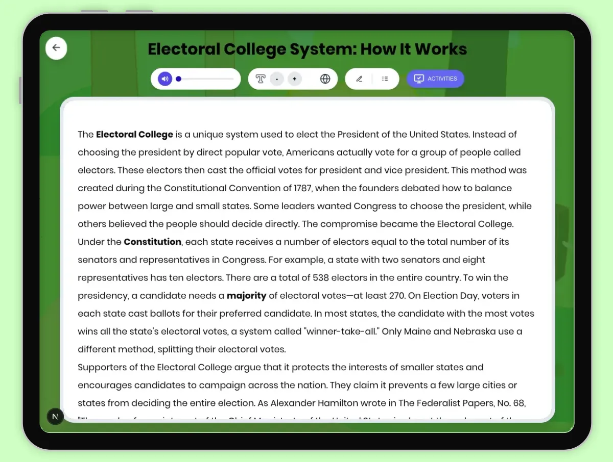 Interactive — Reading Comprehension preview: Electoral College System: How It Works covering D2.HIS.2.3-5, D2.HIS.3.3-5, RI.4.3, RI.4.4, W.4.2 standards - Page 1 of 1